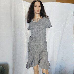 **Calvin Klein Gray Plaid Ruffle Wrap-Style Midi Dress**